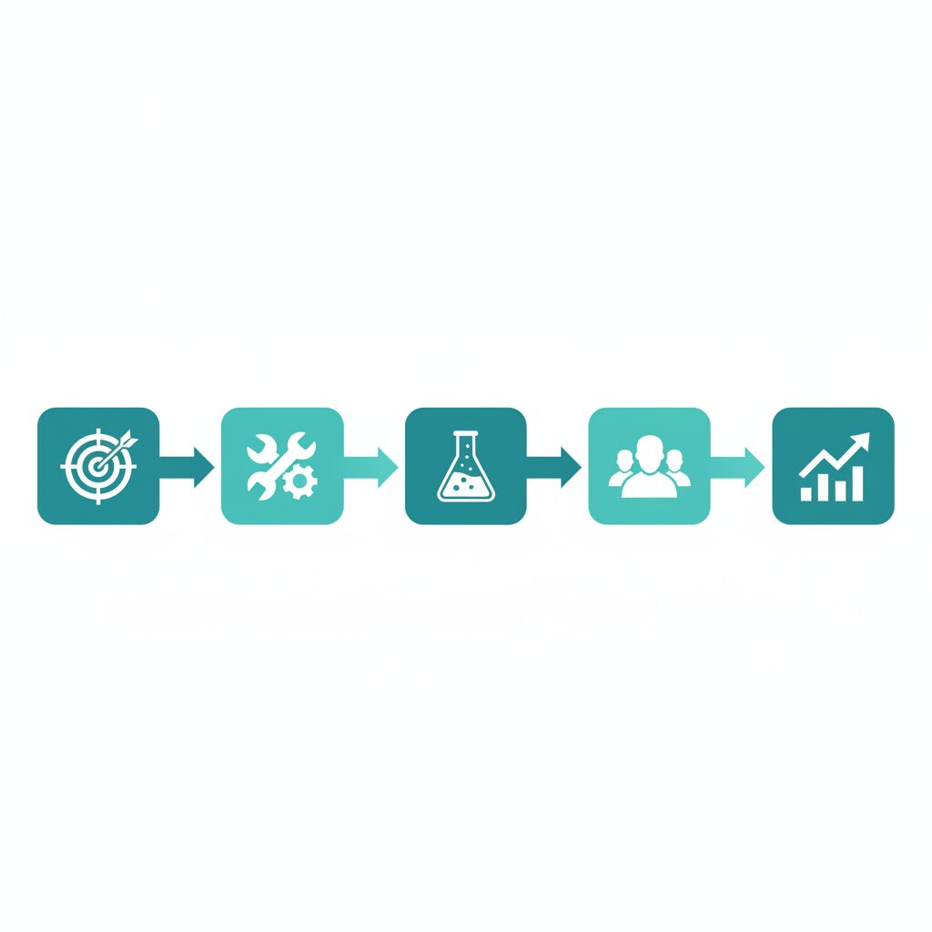 AI導入の5ステップを示したロードマップフローチャートのイラスト