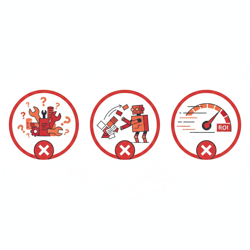 AI導入失敗の3パターンと対策を示したイラスト