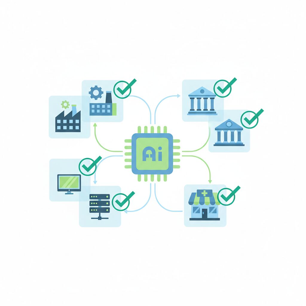 業種別AI導入成功事例を示したフラットイラスト