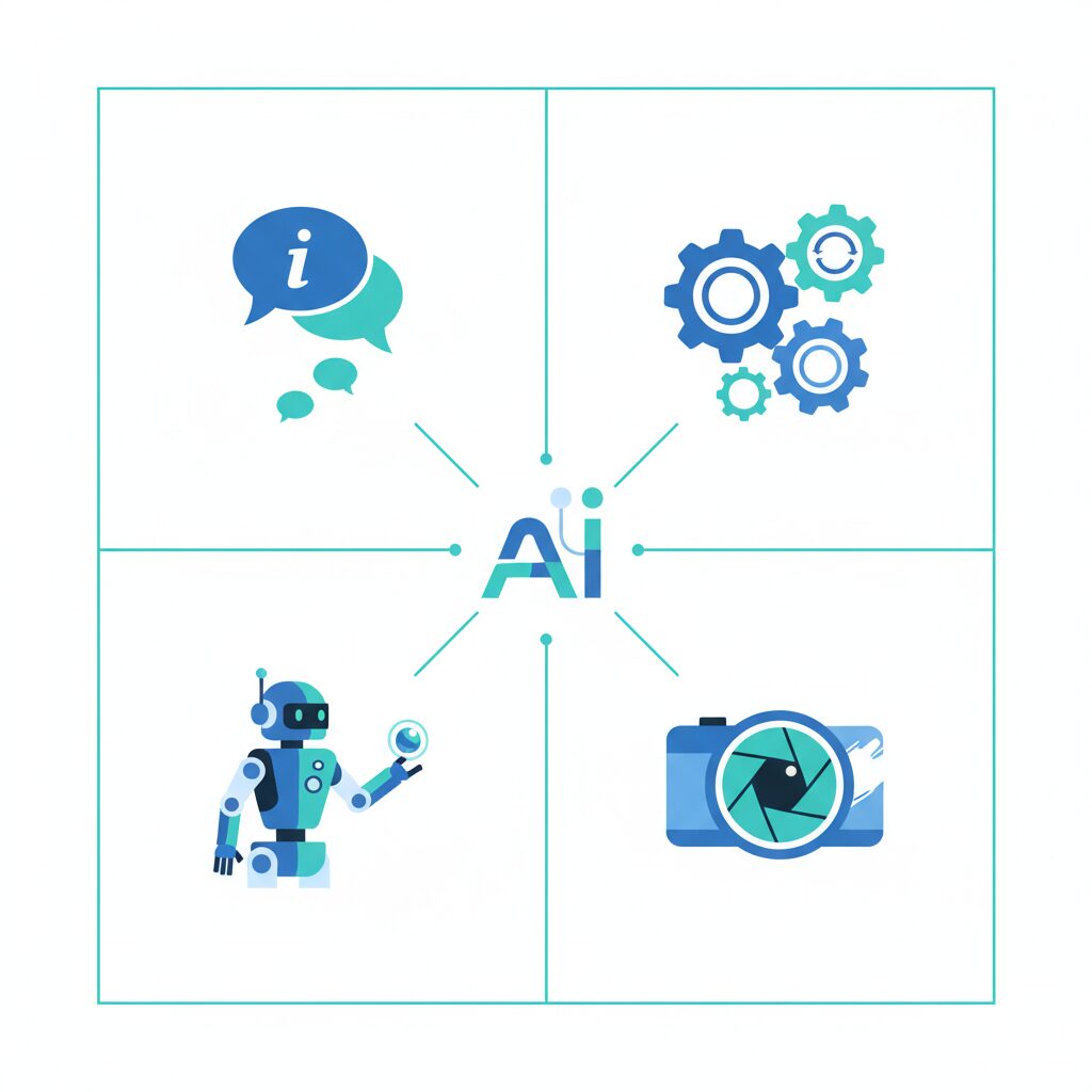 AI導入ツール種類別比較のフラットイラスト