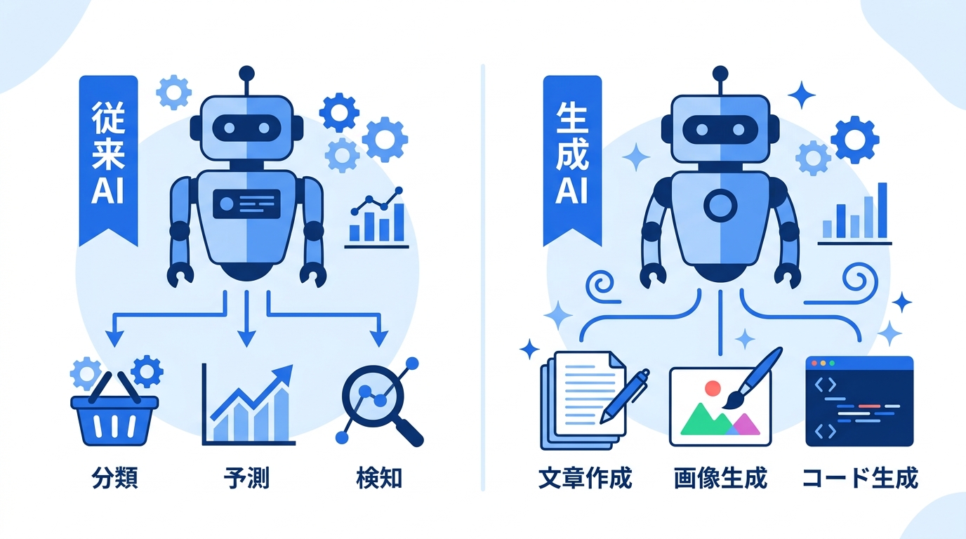 生成AIと従来AIの違いを示す比較図解