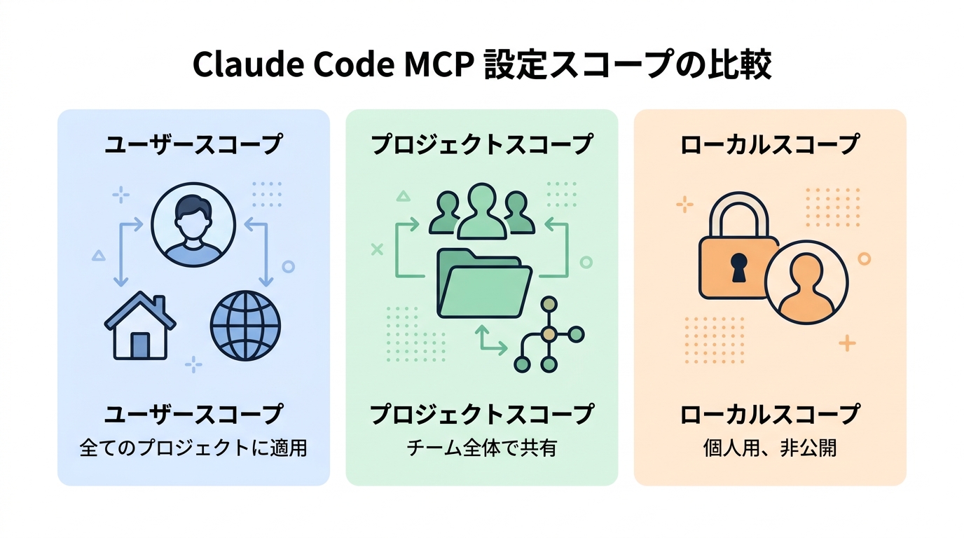 Claude Code MCP設定スコープ3種類の比較：ユーザー・プロジェクト・ローカルスコープの違い