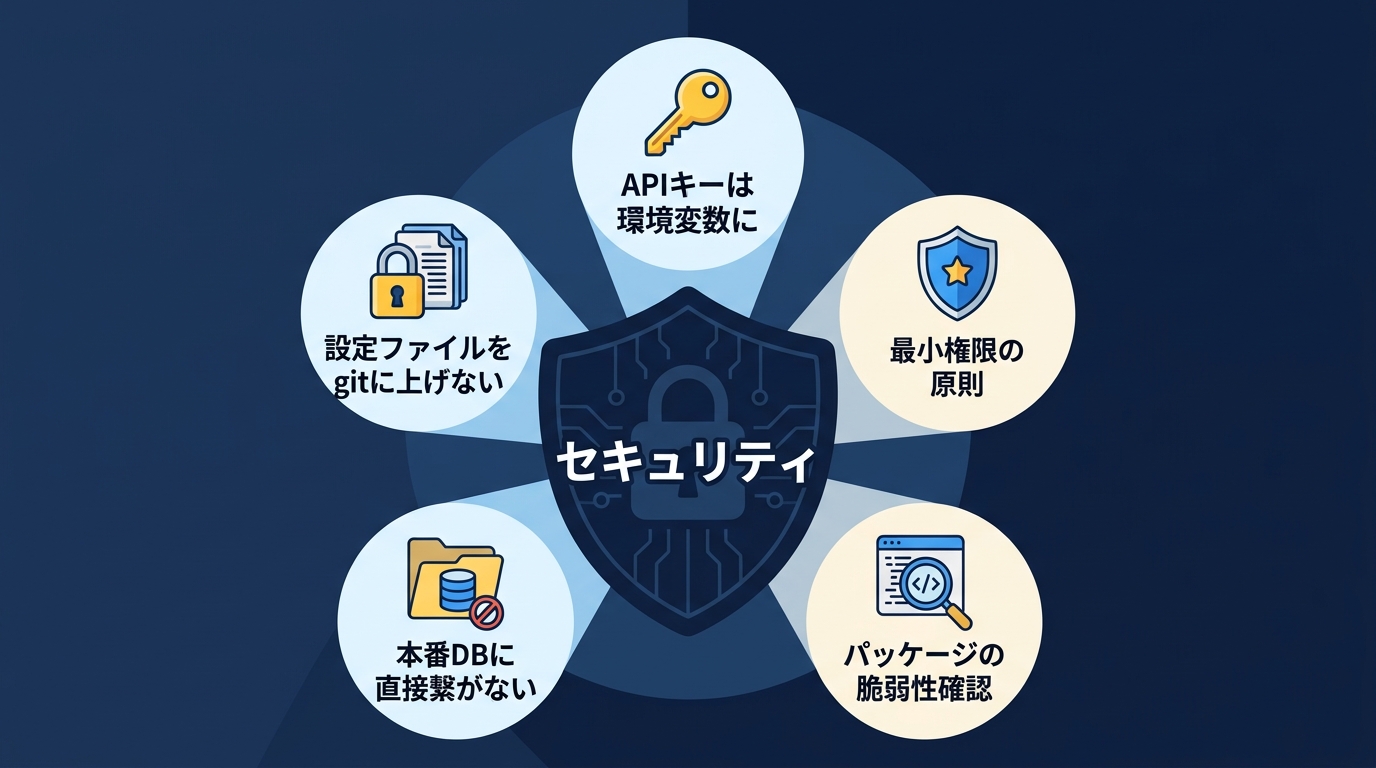 Claude Code MCPのセキュリティ対策5選：APIキー管理・最小権限・脆弱性確認・DB直接接続禁止・gitignore