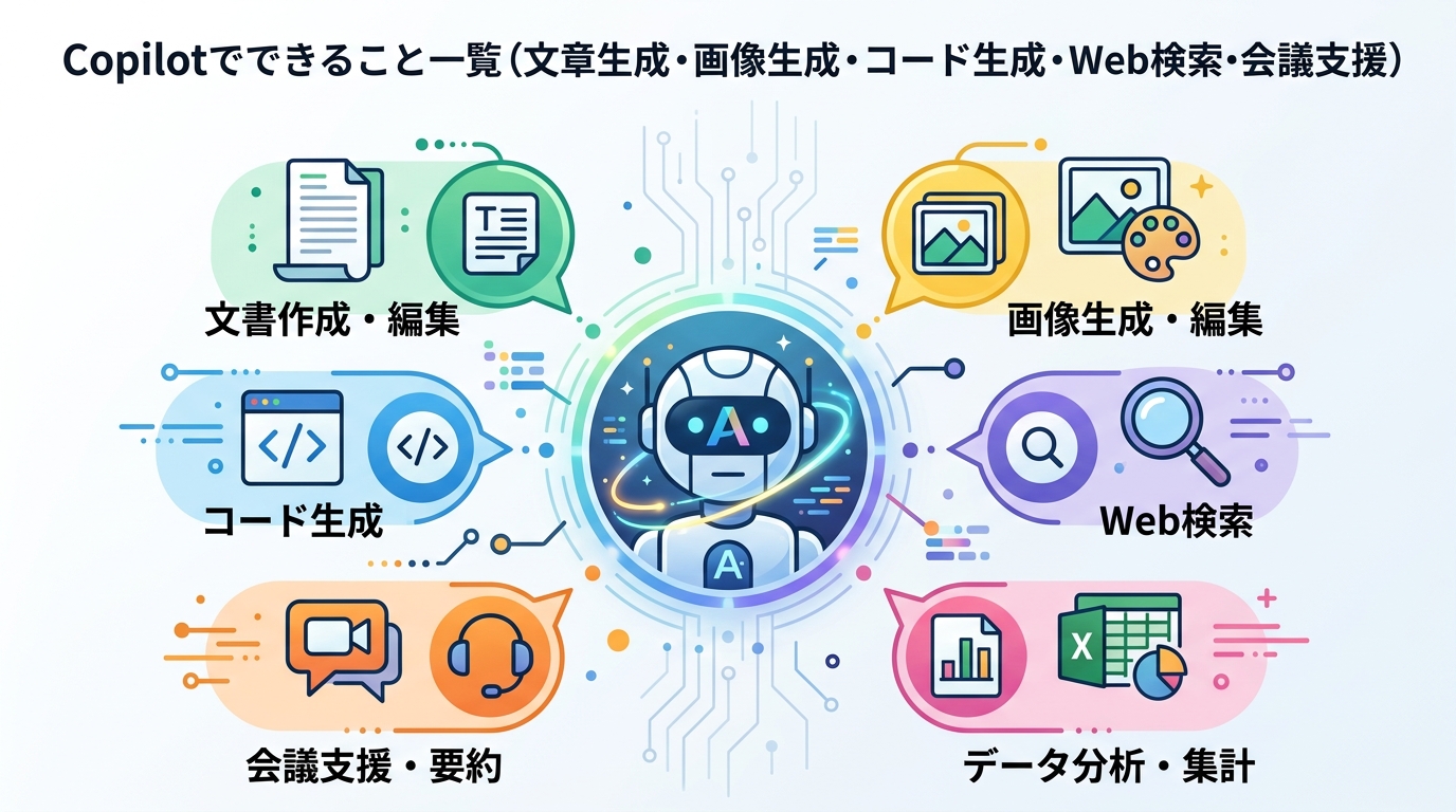 Copilotでできること一覧の図解(文章生成・画像生成・コード生成等)