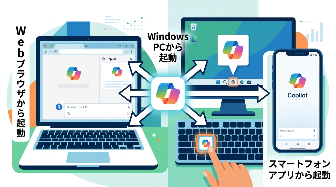 Copilotの起動方法(Web・Windows・スマホ)を解説した図