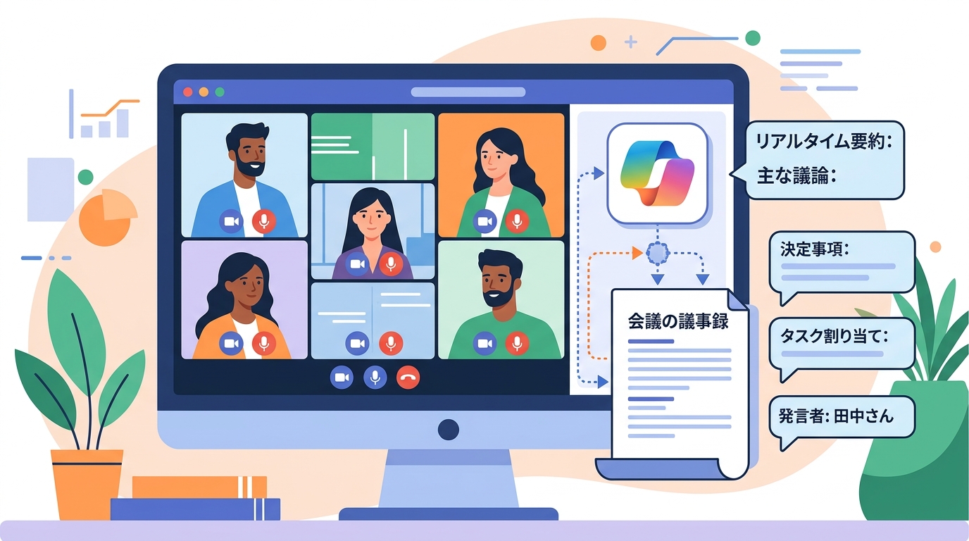 Copilot Teams会議での議事録自動生成・リアルタイム要約の図解