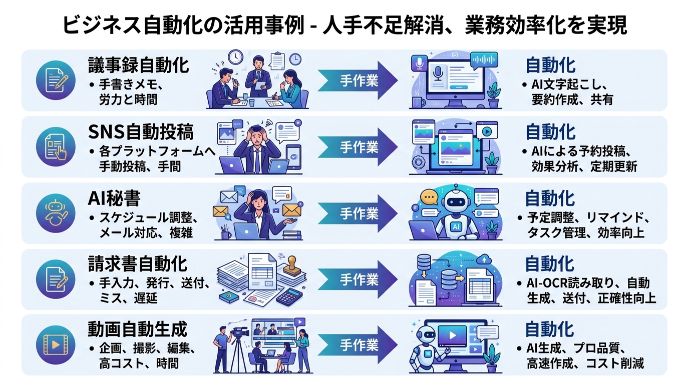 n8n活用事例5選：議事録・SNS・AI秘書・請求書・動画の手作業→自動化のビフォーアフター図