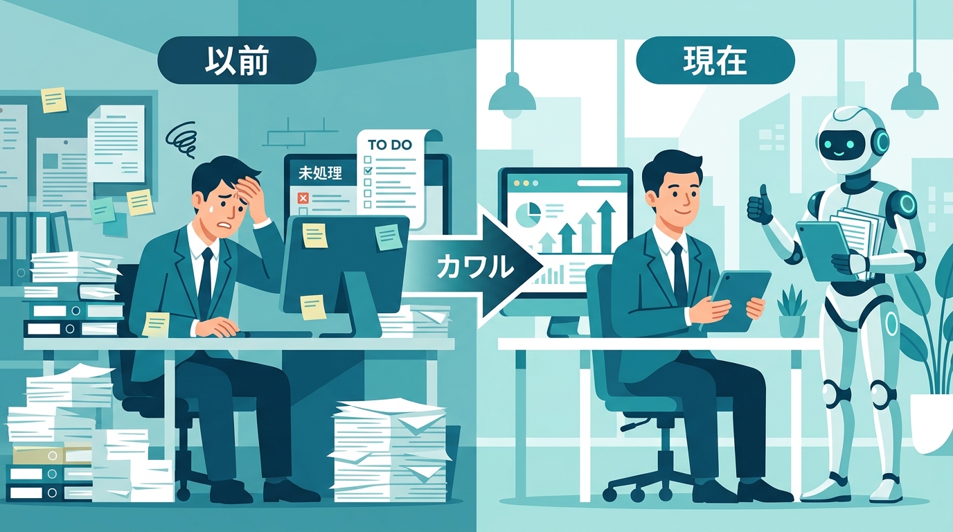 AI業務効率化支援サービスKawaruによる企業変革のイメージ図