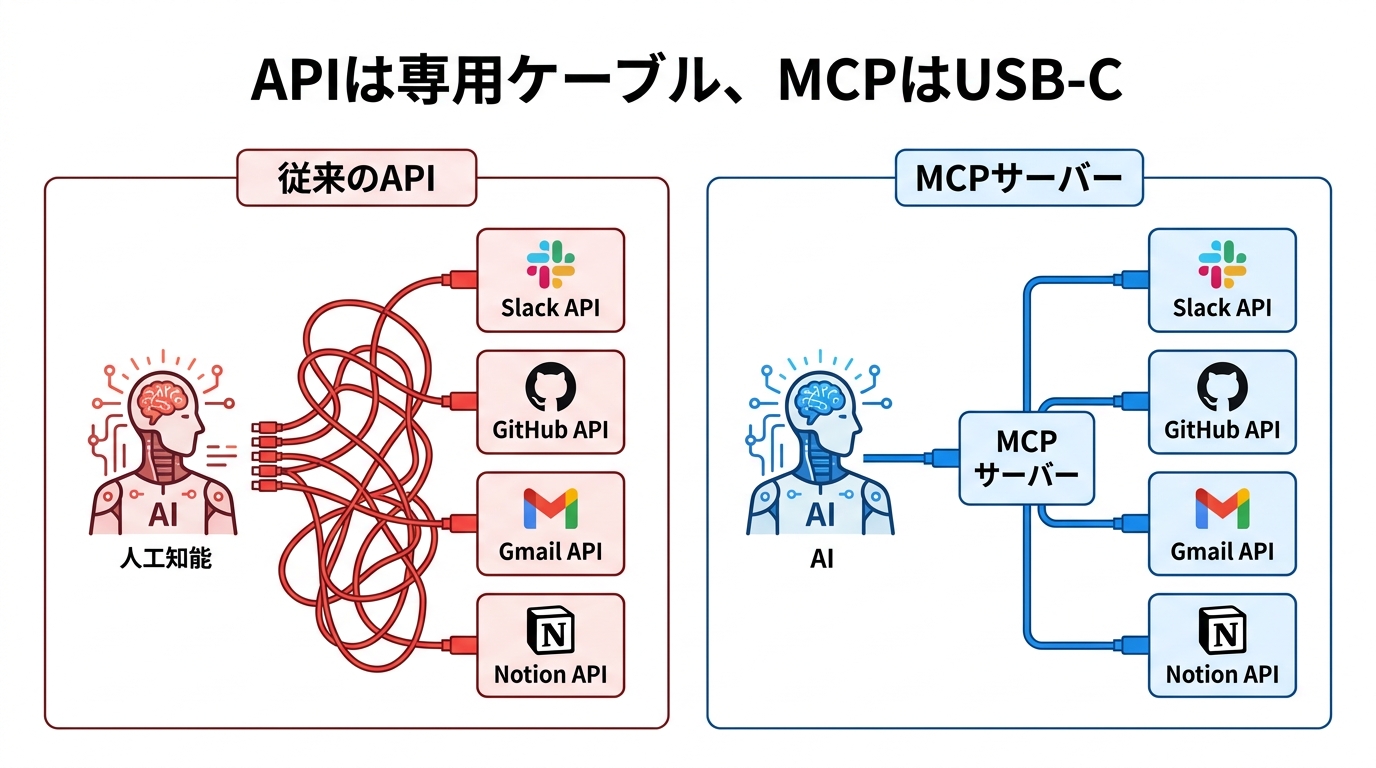 MCPとAPIの違いを示す比較図解：APIは専用ケーブル、MCPはUSB-C