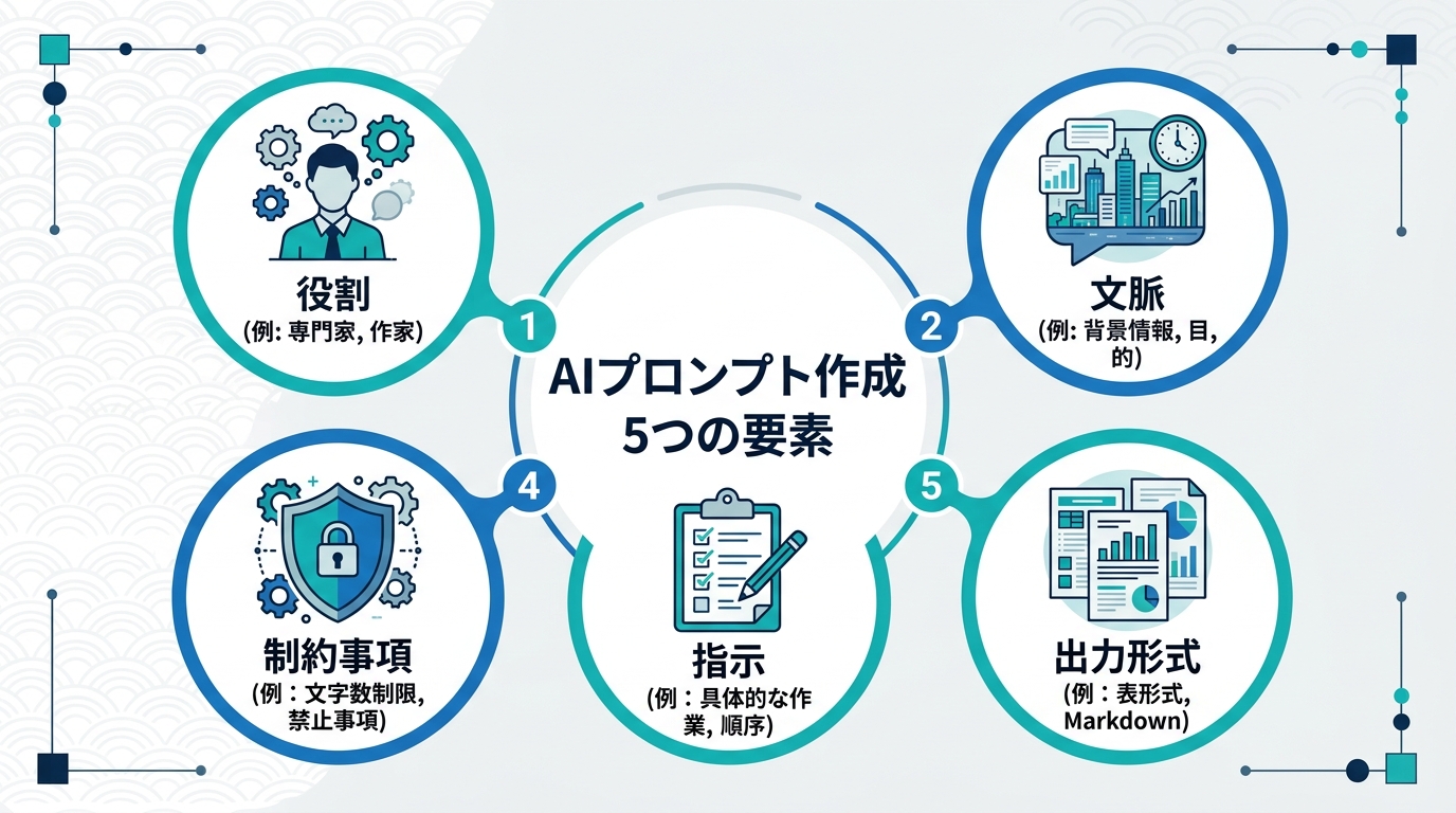 AIプロンプト作成5つの要素：役割・文脈・指示・制約事項・出力形式の図解