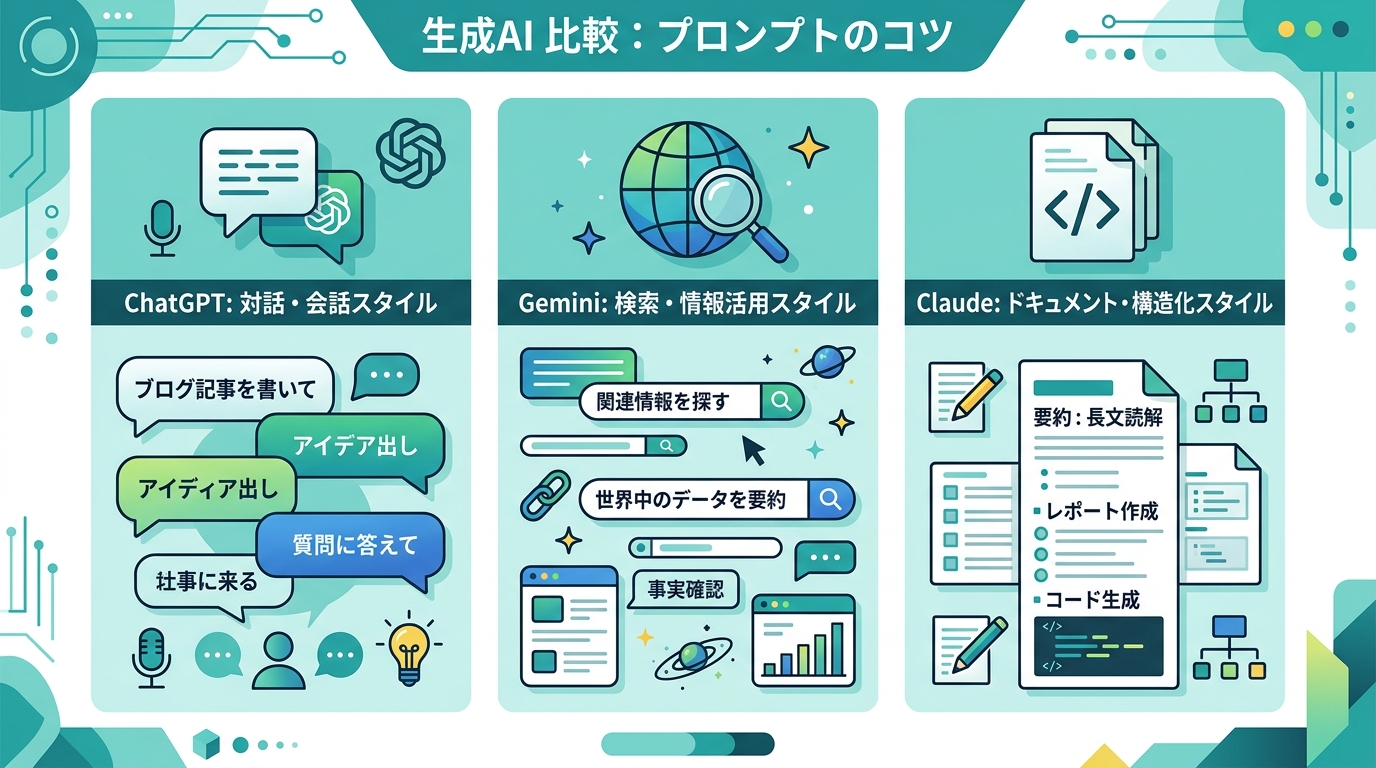 ChatGPT・Gemini・Claudeのプロンプトスタイル比較図