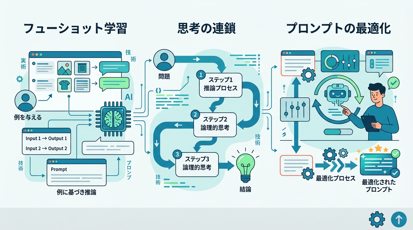 フューショット学習・思考の連鎖・プロンプト最適化の上級テクニック図解