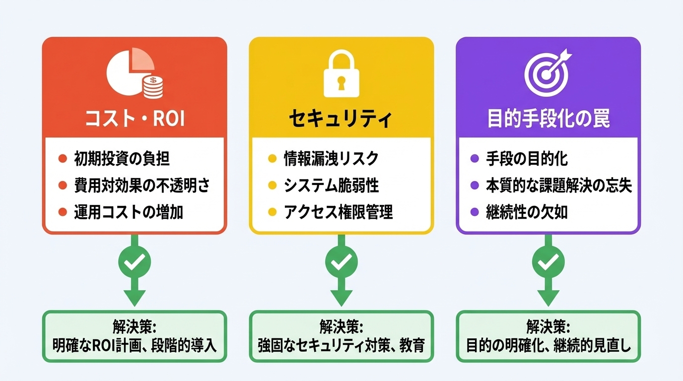 RPAとAI導入の3大課題と解決策を示したフラットイラスト図解
