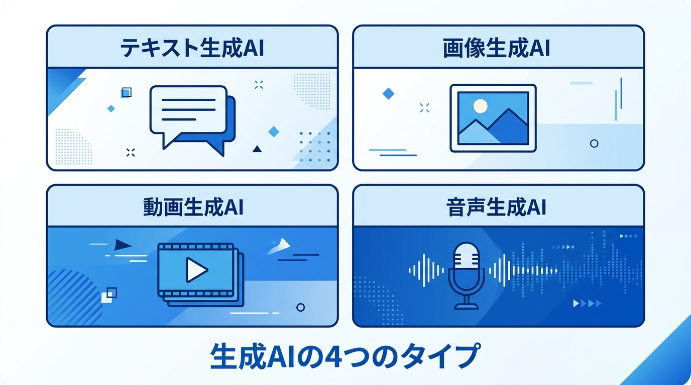 生成AIの4種類（テキスト・画像・動画・音声）を比較した図解