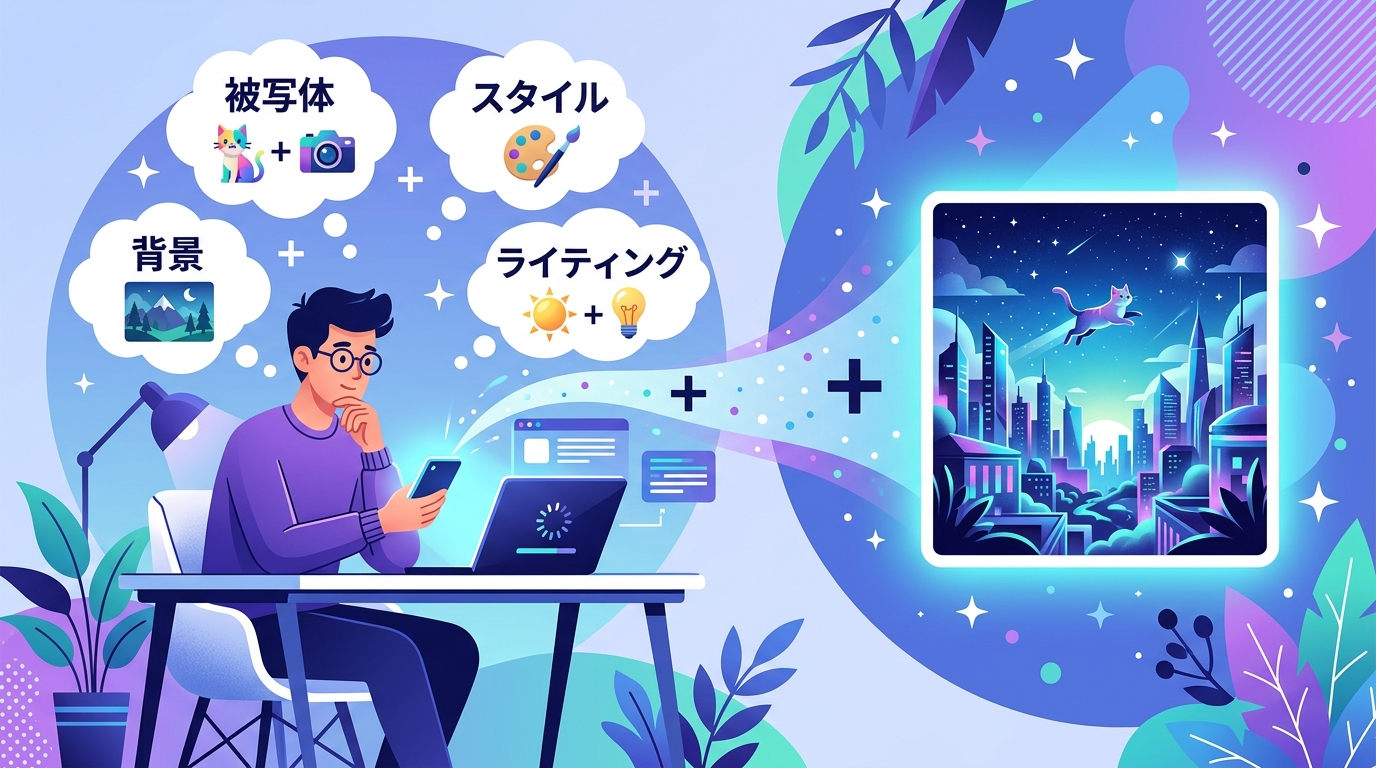 ChatGPT画像生成のプロンプト作成コツ：被写体・スタイル・背景・ライティングの組み合わせ図解