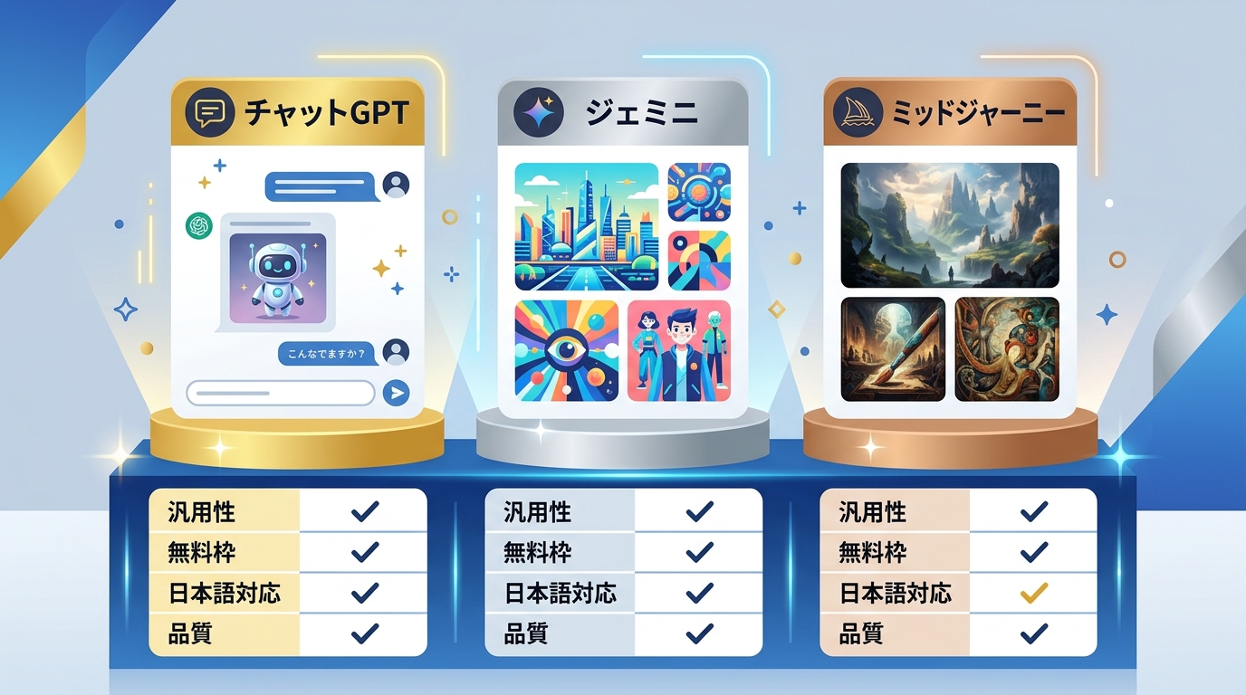 ChatGPTとGeminiとMidjourneyの画像生成AI比較図