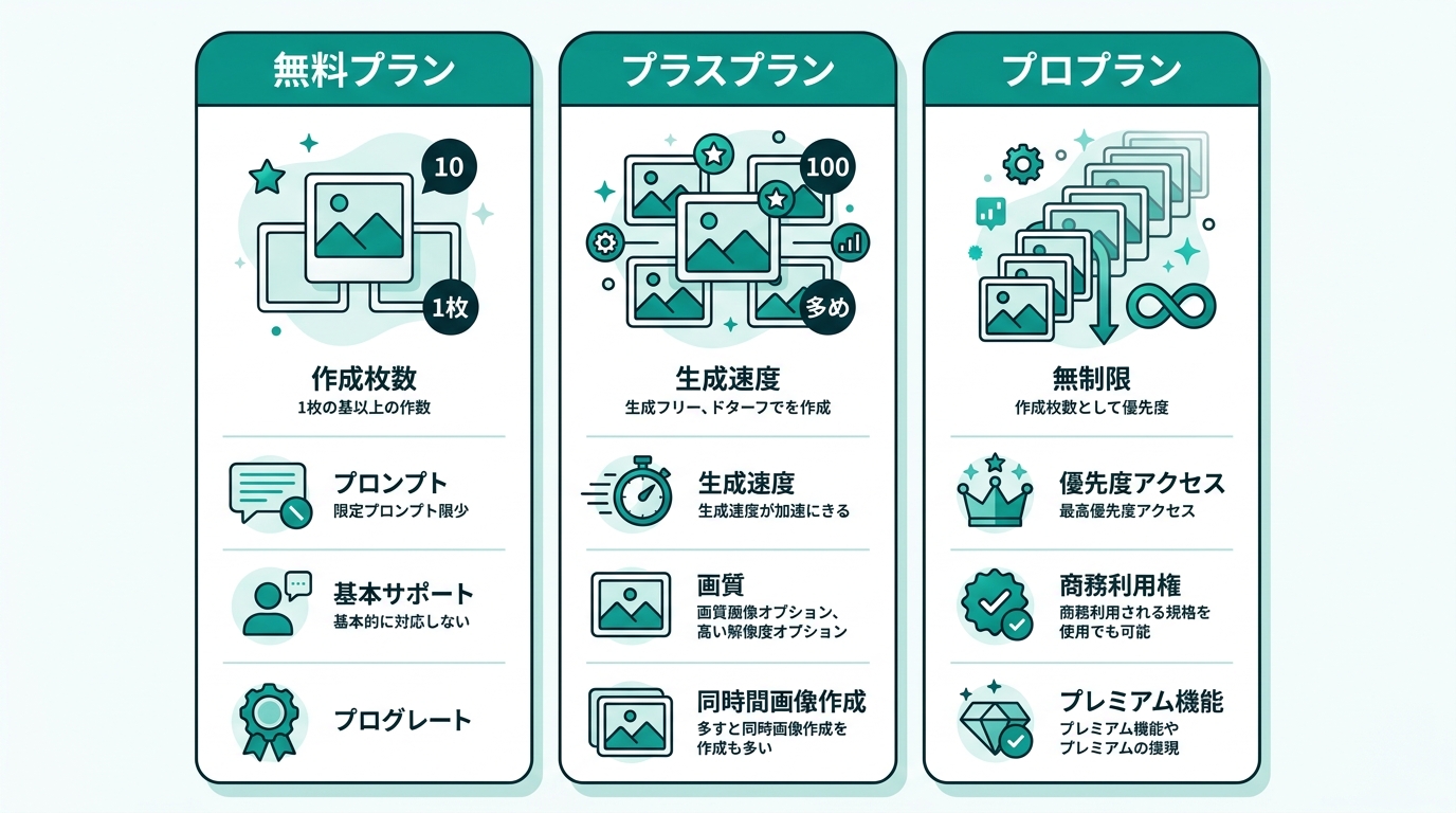 ChatGPT画像生成 無料・Plus・Proプラン比較図