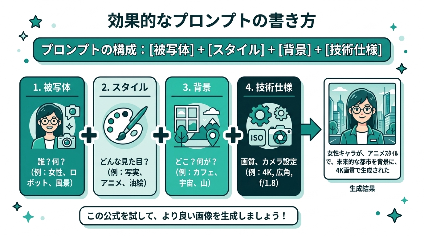 ChatGPT画像生成プロンプトの書き方4要素構成図